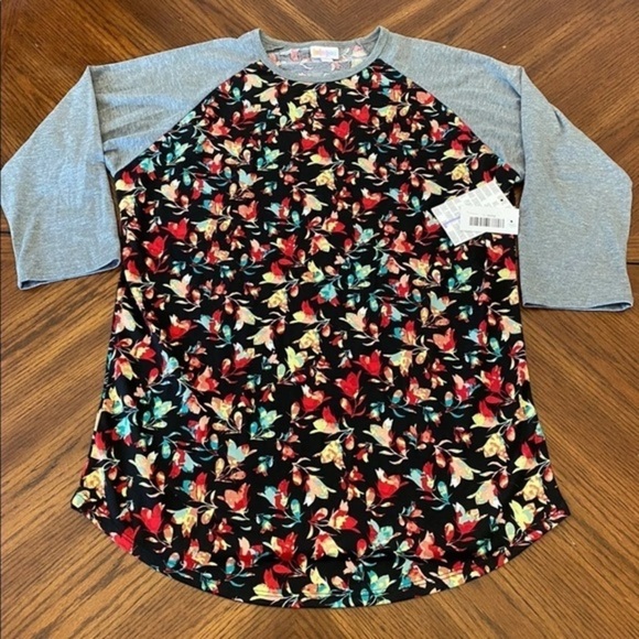 Lularoe NWT Randy Black Floral Tee with grey sleeves Large - Picture 1 of 8